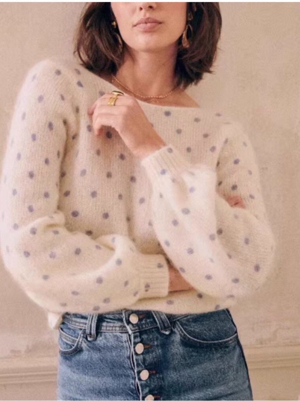 Sezane Cream Off-the-Shoulder Polka Dot Sweater with Lavender Dots